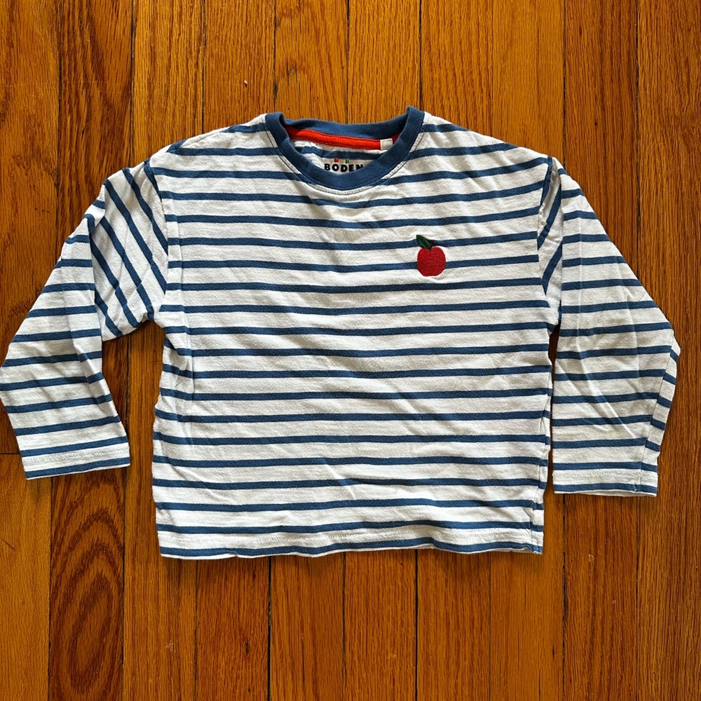 Mini Boden Blue and White Kids Breton Shirt with Embroidered Apple